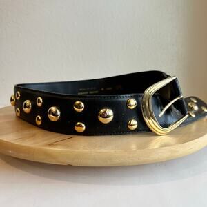 Vintage 90s Magid Black Smooth Genuine Leather Gold Studded Belt Size Medium